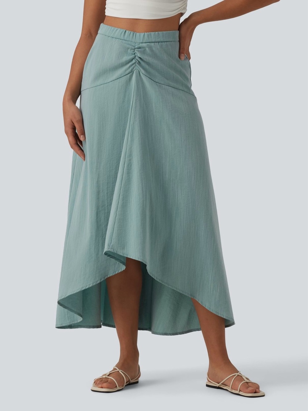 HALARA Linen-Feel Draped Knot High Waisted Hi-Lo Maxi Skirt Sage Green Casual S